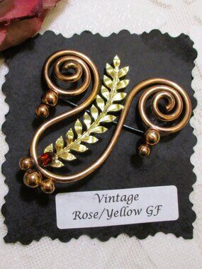 KREISLER Retro Modern Leaf Scroll Brooch: 12K Yellow Gold Fill, Rhinestone